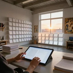 by james turrell : pov candid photo of my hands reading floating pdfs at my floating futuristic ios hologram desk, stacks and rows of active organized knolled calendar cubbies during sunrise in a cozy open - air design studio by greg rutkowski and alphonse mucha, brilliant daylight vr os ux, leica 8 k still