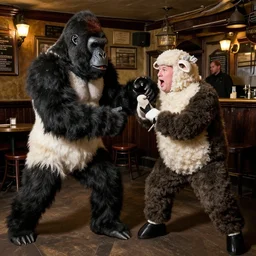 photo of a man in sheep costume fighting a gorilla inside a british pub