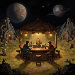 in a bar in a remote outpost, on an alien planet, from a space themed point and click 2 d graphic adventure game, set design inspired by hg giger and ridley scott and tomb raider, art inspired by thomas kinkade