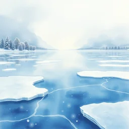 watercolor painting of crystal clear ice lake, reflective, crisp winter, fog and snowing, ambient lighting, art by wlop