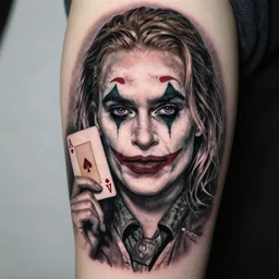 tattoo design of beautiful margot robbie portrait with joker makeup, holding an ace card, in the style of den yakovlev, realistic face, black and white, realism tattoo, hyper realistic, highly detailed