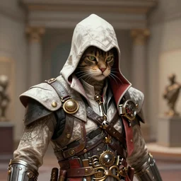 cat the assassin, assassin's creed, headshot, steampunk, unreal engine, c 4 d, maya, museum ink painting, smooth, natural background, cinematic lighting, 8 k, artstation, concept art, aesthetic