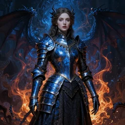 Gothic princess in dark and blue dragon armor. By (Rembrandt painting(1667)(fractal flame)), highly detailded