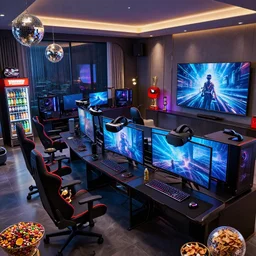 a photo of a large, luxury gaming room with all the best in gaming gear. vr headsets, expensive computers, curved monitors. gaming chairs, disco balls. soda fridge. lots of candy and chips. large flatscreen tvs. youtube trophy. highly detailed.