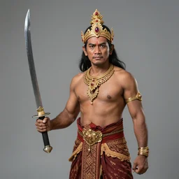a medium shot, studio photographic portrait of javanese Ghatotkacha by David Silis in the style of Mukie Strike artstation,son of Pandava Bhima,wielding a keris sword, high quality,concept art,realistic,photorealistic,trending on artstation,8k