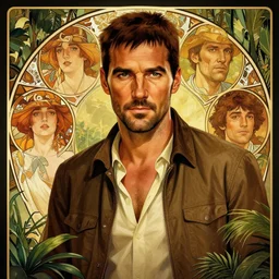 indiana jones portrait, jungle, masculine, intricate, by stanley artgerm lau, greg rutkowski, thomas kindkade, alphonse mucha, loish, norman rockwell