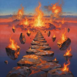 floating rocks forming a path to the sky, surrealism, fire, landscape painting by chuck jones makoto shinkai