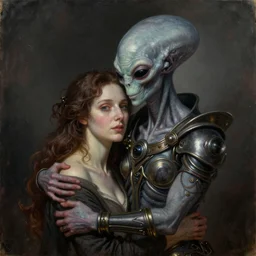 a professionally painted portrait of Mystical gray alien embracing woman, Regal, Realistic, Refined, Detailed Digital Art, Josephine wall, Oil Painting, William-Adolphe Bouguereau, Art Frahm, Esao Andrews, Steampunk, Walt Disney (1937), Highly Detailed, Cinematic Lighting, Unreal Engine, 8k, HD