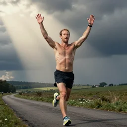 shirtless mark zuckerberg running marathon hairy hands in air