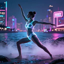 silhouette of a luminescence woman doing aerobics, background seashore in neo - tokyo, swimsuit, muscle, futurism, neon signs, magic fog, 4 k, ultra detailed, ultra realism