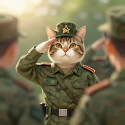 an illustration of a cat giving military salute to an army, hyperrealism, lens flare, a little blurry, artisitic, natural lighting