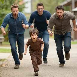 photo of a group of three men chasing after a scared little chocolate boy, the men are hungry and have knives and forks