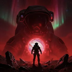 symmetrical extreme closeup portrait silhouette mass effect astronaut touching an energy sphere on jupiter, jagged rocks, sparse plants, weird, creepy, quiet, red color scheme, andromeda krogan nebula aurora, bioluminance alena aenami artworks in 4 kby gustave darrow, moebius!! dan mumford thomas kinkade