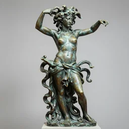 bronze sculpture of medusa, in the style of michelangelo, very long hair, full body, professional photography, dynamic and dominant