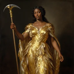 brown skinned goddess with a dress made of golden faethers, shes holding a reaper, by gaston bussiere, epic painting, realism, artstation, octane render, sharpness, 8 k, golden ratio