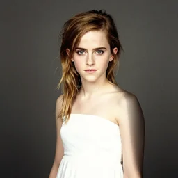 a portrait of emma watson in white dress by hajime sorayama