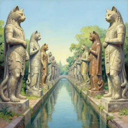 a beautiful painting of a canal lined with massive statues of anthropomorphic Feline Gods by Rodney Matthews | graphic novel, illustration:.4
