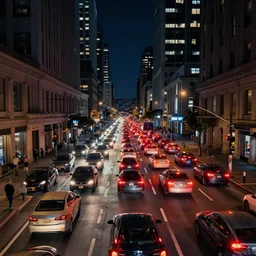 traffic jam in san francisco at night, traffic lights, high buildings, architecture, cars, reflections, cinematic, vray render, unreal engine