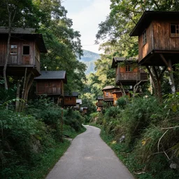 a photo of a narrow valley with village of wooden houses on either side and treehouses, pathway running through, atmospheric, beautiful, natural