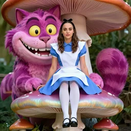 very young gal gadot, dressed as alice from alice in wonderland, sits on a giant iridescent mushroom, a huge cheshire cat's smiling face can bee seen behind her