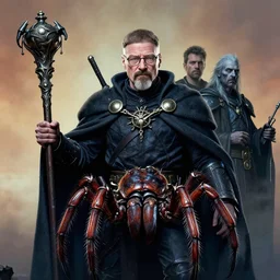 full character potrait of a genetic combination between walter white & tarantula, holding a ceremonial staff, wearing a cloak, zdzislaw beksinski, lewis jones, dariusz zawadzki, wayne barlow, warhammer fantasy, cold hue's, warm tone gradient background, concept art, 4 k, ultra - high - definition