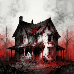 disturbing grunge image of a demon infested house. horror colored ink art, by greg tocchini, by tom bagshaw, white red, black, crimson and grey gradient color scheme