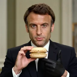 Emmanuel Macron disguised as a macaron in American Psycho (1999)