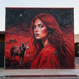 navajo red by zeen chin, by sam bosma placid, bleak. a beautiful street art of a woman with long flowing hair, wild animals, & a dark, starry night sky.
