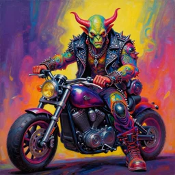 an apocalyptic demonic orcish goblin biker character, psychedelic vibrant colors, futuristic punk rock fashion, oil painting by michael whelan art, studded leather jacket