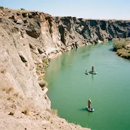photo of green river, wyoming cliffs. an old man in a trench coat and chrome elliptical spaceship stands still very far away in the distance. midday sun. hot and dry conditions. 8 k, hyper detailed, 3 5 mm film grain