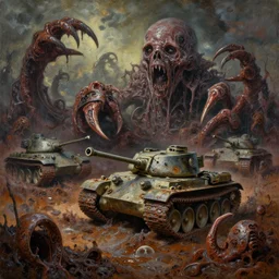 oil painting nightmare army tanks clawed chaos landscape fecund afraid of tank treads hooped around rustscape in primoridal slimes in mollusk skins, terror by francesco blanc 1 9 7 1, richard m powers landscape, horror by enric torres, by jack gaughan