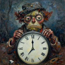 clock and junky | impressionist art piece | climate change and environmental degradation | clock in foreground | ominous | dreadful