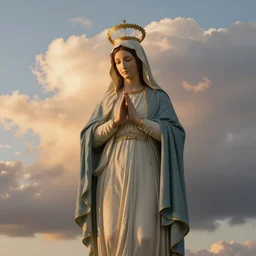 a realistic digital photo of virgin mary as sunset clouds