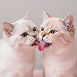 one cat, one dog, cat and dog licking each other, cute, trending on Artstation, long tongue, (pink colors), trending on Twitter, trending on Instagram, very beautiful fur, perfect animal, photorealistic, close-up, 35mm