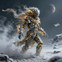 streams of smoke and snow swirl around an alien wearing clothes made of computer chips, swirling flashes of gold and silver light, wind - blown sheets, cinematic lighting, fantasy painting, distant planet