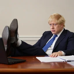 Boris Johnson wearing suit and necktie resting his feet up in a desk