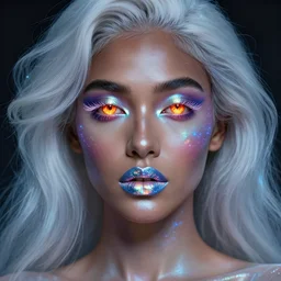 beautiful portrait of a middle eastern dark skin woman with holographic light makeup, eyes of fire, glitched lipstick, porcelain hair, translucent cosmic skin, surreal, in the style of steven meisel, detailed