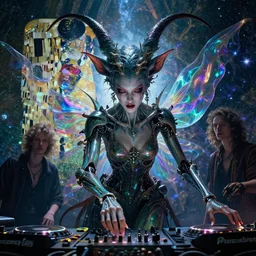 epic portrait of menacing and anxious yet stunningly beautiful biomechanical androgynous djinn overseeing the iridescent fabric of the universe, by charlie bowater, mandy jurgens, gustav klimt, octane render, dramatic camera angle, 4k, 8k, high detail, HDR, by tom bagshaw, powerful, with inspiration from Beksinski