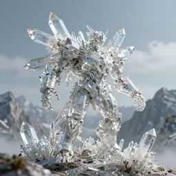 a colossus made from transparent crystals, high in the mountains, greg rutkowski, 8 k, shallow depth of field, intricate detail, concept art,
