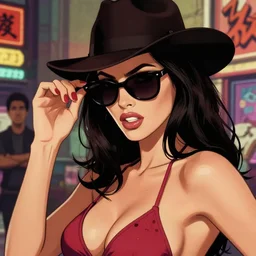 closeup portrait of film noir angry megan fox in a bikini wearing a hat and sunglasses, china town, glamour pose, detailed illustration, digital art, trending on artstation, arney freytag, dan mumford, patrick nagel, graffiti, gta v,
