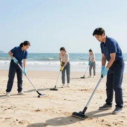 A group of cleaners vacuuming and mopping a beach to clean the sand