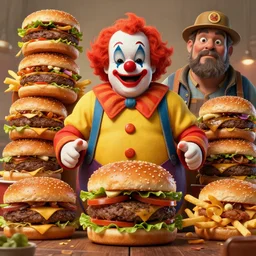 a very fat clown in front of a mountain of burgers and fries, beksinski, wayne barlowe, very coherent symmetrical artwork, cinematic, hyper realism, high detail, octane render, 8 k