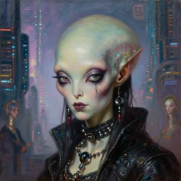 close up portrait of a punk goth alien martian girl in a iridescent cyberpunk futuristic city, oil painting by canaletto hieronymus bosh leonardo da vinci piero della francesca botticelli moebius
