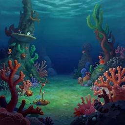 underwater verdant coral wonderland, matte painting from Fantasia (1940)