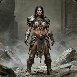 full body of ancient shaman tribeswoman in  battlerage,  destroyed armor inspired by monster hunter, low shot, muscular body, symmetrical face, clean face, subtle make up, destruction around her, frozen time,dramatic lighting, cinematic, establishing shot, extremely high detail, photorealistic, 300 the movie,monster hunter the movie, dune the movie, cinematic lighting, artstation, octane render, western,old photo, vintage