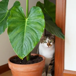 cat hiding behind a potted philodendron plant by nxoeed