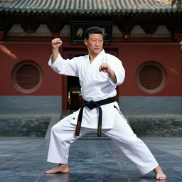 Xi Jinping practicing karate at the Shaolin temple, photorealistic, studio lighting, photographed in the style of Annie Leibovitz