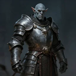 handsome old grey orc wearing medieval suit of armor, illustration, concept art, art by wlop, dark, moody, dramatic