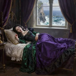 a hyperdetailed matte painting of yennefer as a goth princess asleep on a bed in a tower, long purple and green dress, sleeping princess!!!, window that overlooking cliffs and crashing waves in the background, highly detailed, deep focus, elegant, digital painting, sharp focus, ultra realistic, 8 k, art by greg rutkowski and rembrandt and alphonse mucha