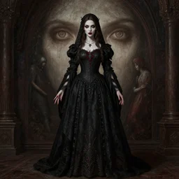 full length portrait of a woman with timeless beauty & breathtaking eyes dressed in gothic attire, intricate digital art, elegant, DSLR 8K, biblical art, realism, incomprehensible detail, final fantasy & silent hill aesthetic, photorealistic, lifelike, created by Razaras on deviantart